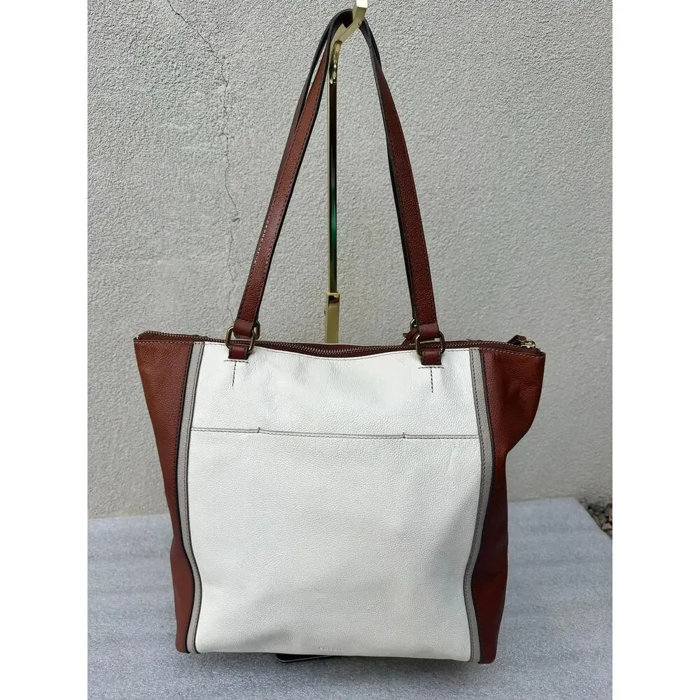 Fossil Genuine Leather Colorblock Tote Bag Ivory Cognac Brown Key Charm